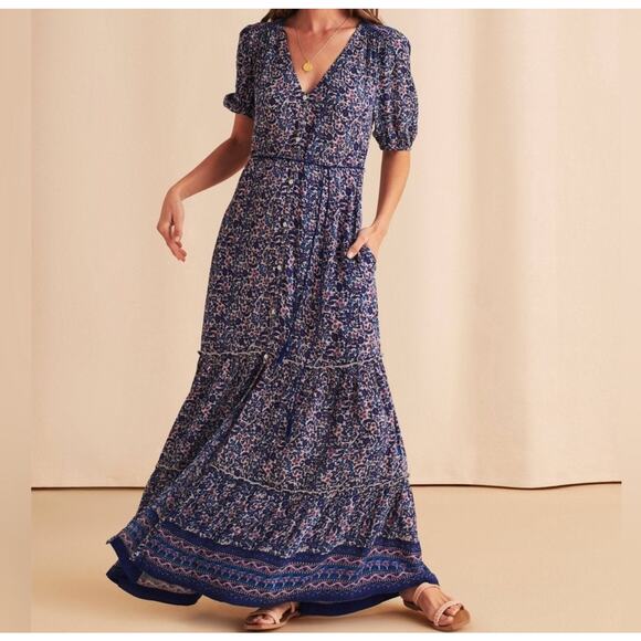 Faherty Orinda Dress Large Blue Purple Floral Boho Viscose Button Front Maxi L - Picture 1 of 8